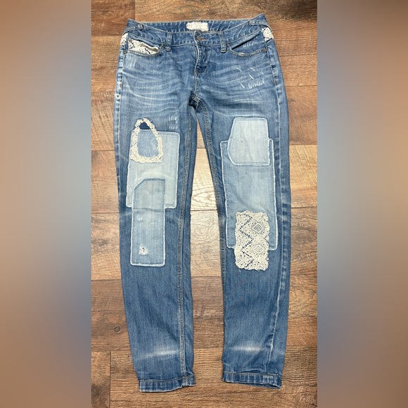 We The Free Denim - We The Free “Free People” Boho Crochet Patchwork Denim Jeans Size 26